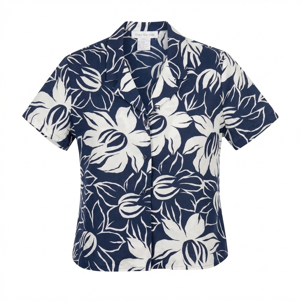 Jones New York 100% Silk Navy Floral Button Down Shirt Vintage Size 14